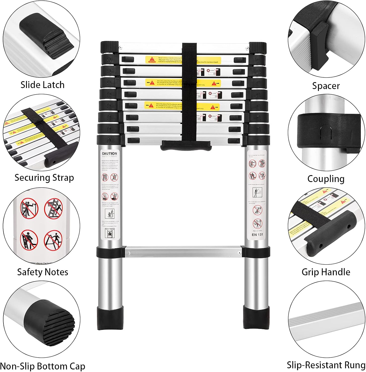 (8.5Ft/2.6M) Telescoping Ladders，EN131Standards Multi-Purpose Folding Aluminum Extension Ladder